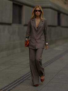 Women's Oversized Tailored Blazer And High-Waisted Wide-Leg Trousers Set - Elegant Formal Wear - 深灰色 - 查看 1