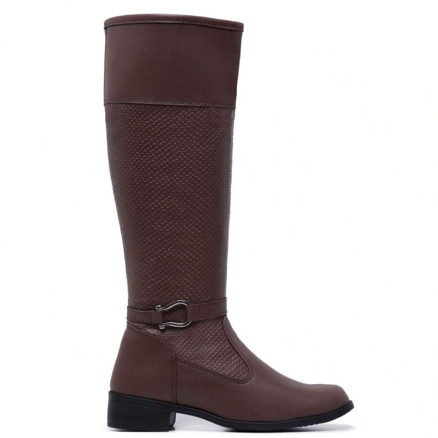 Women's High-Top Riding Boot With Texture, Classic Style, Elegant, Casual, Chic And Stylish, For Autumn/Winter - Capuchino - Ver 1