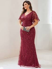 EVERPRETTY Đầm dạ hội dáng đuôi cá sang trọng bằng vải lưới đính hoa và sequin dành cho nữ cỡ lớn, thích hợp cho các buổi tiệc trang trọng, màu đỏ rượu vang, kiểu đuôi cá, phù hợp cho khách dự đám cưới, các dịp trang trọng, Ngày Valentine, Ngày của Mẹ, mùa xuân. - Màu Đỏ Sâu - Xem 6