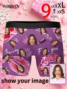 1pc Customized Boxer Briefs For Men, Personalized Photo Print Underwear With Purple Lips, Crown & Delicate Text Design, Husband's Exclusive Custom Boxer Briefs, Funny Expression Custom Boxer Briefs, Fashionable, Romantic, Comfortable & Unique, Ideal Valentine's Day, Anniversary, Birthday, Wedding, Mother's Day, Father's Day Gift For Boyfriend, Husband, Him - Black - View 2