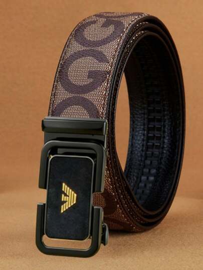 Men's Belt, Monogram Print, Automatic Buckle, PU Leather, Business Casual, Luxury Style, Brown Belt, For Suits & Jeans, Formal Accessories, Gift For Him