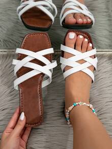 Women's Fashion Flat Sandals, Black Non-Slip Beach Slippers, White Flat Sandals, Elegant European And American One-Piece Leather Slippers - White - View 1