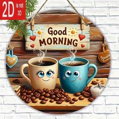 1/2 chiếc biển gỗ tròn cổ điển, chủ đề cốc cà phê dễ thương với dòng chữ "Chào buổi sáng" và hình trái tim, thích hợp cho quán cà phê, nhà cửa, trang trí tường đa năng, không cần pin, 2D
