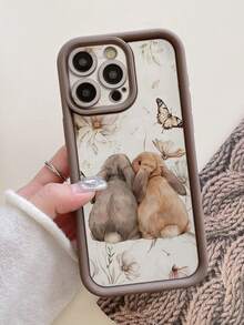 1pc Dual Rabbit & Butterfly Pattern Shockproof Phone Case, Minimalist Ins Style Thick Coffee Brown Phone Cover Compatible With Apple 17 Pro Max/11/12/13/14/15 Pro Max/16 Plus/16 Pro Max/16E, Galaxy A55/A15/S24 Ultra/S25 Ultra, Honor, One Plus - Brown - View 6