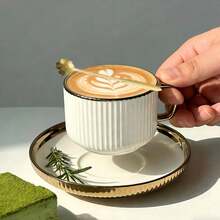 6件套/1套白色陶瓷罗纹咖啡杯碟套装，金色镶边迷你浓缩咖啡杯，带弧形把手，容量90毫升/3.0盎司，复古竖条纹碟子，适合盛装拿铁和卡布奇诺，是早午餐、婚礼礼物、家居装饰、咖啡爱好者礼物、意式浓缩咖啡的理想之选。 - 彩色 - 查看 11