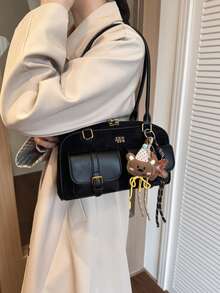 仿皮纯色复古多口袋大容量女士单肩包，附赠挂饰（挂饰可能因批次略有不同） - 黑色 - 查看 8