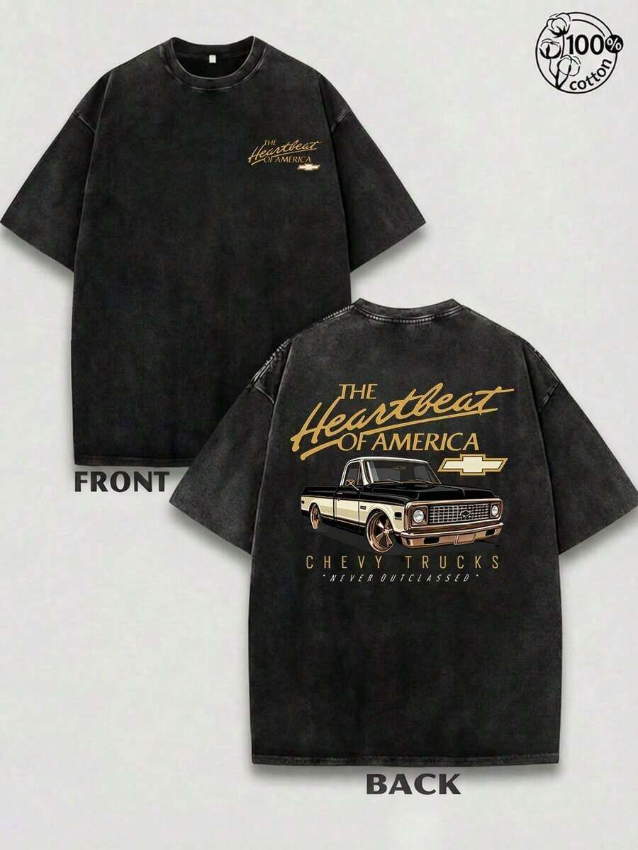 Vintage T Shirts Men, Plus Size The Heartbeat Of America Chevrolet Pickup Graphic, 230g Washed Cotton Crew Neck Short Sleeve T-Shirt, Distressed, Streetwear Loose, Big And Tall, Summer, Free Shipping - màu đen - Xem 1