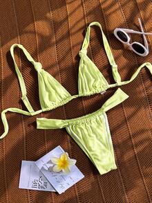 Bikinx Bộ bikini nữ màu trơn, kiểu dáng tam giác, buộc dây, được làm từ chất liệu vải bóng, co giãn tốt, thích hợp cho kỳ nghỉ hè ở bãi biển. - Màu xanh chanh - Xem 4