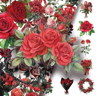 50 Pieces Of Retro Red Rose PET Stickers Realistic Natural Flowers Hand Account Material DIY Luggage Flat Stickers Wedding Decoration Stickers