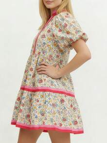 Women Y2K Babydoll Mini Dresses V Neck Puff Sleeve Short Dress Beach Sundress - 黃色 - 查看 4