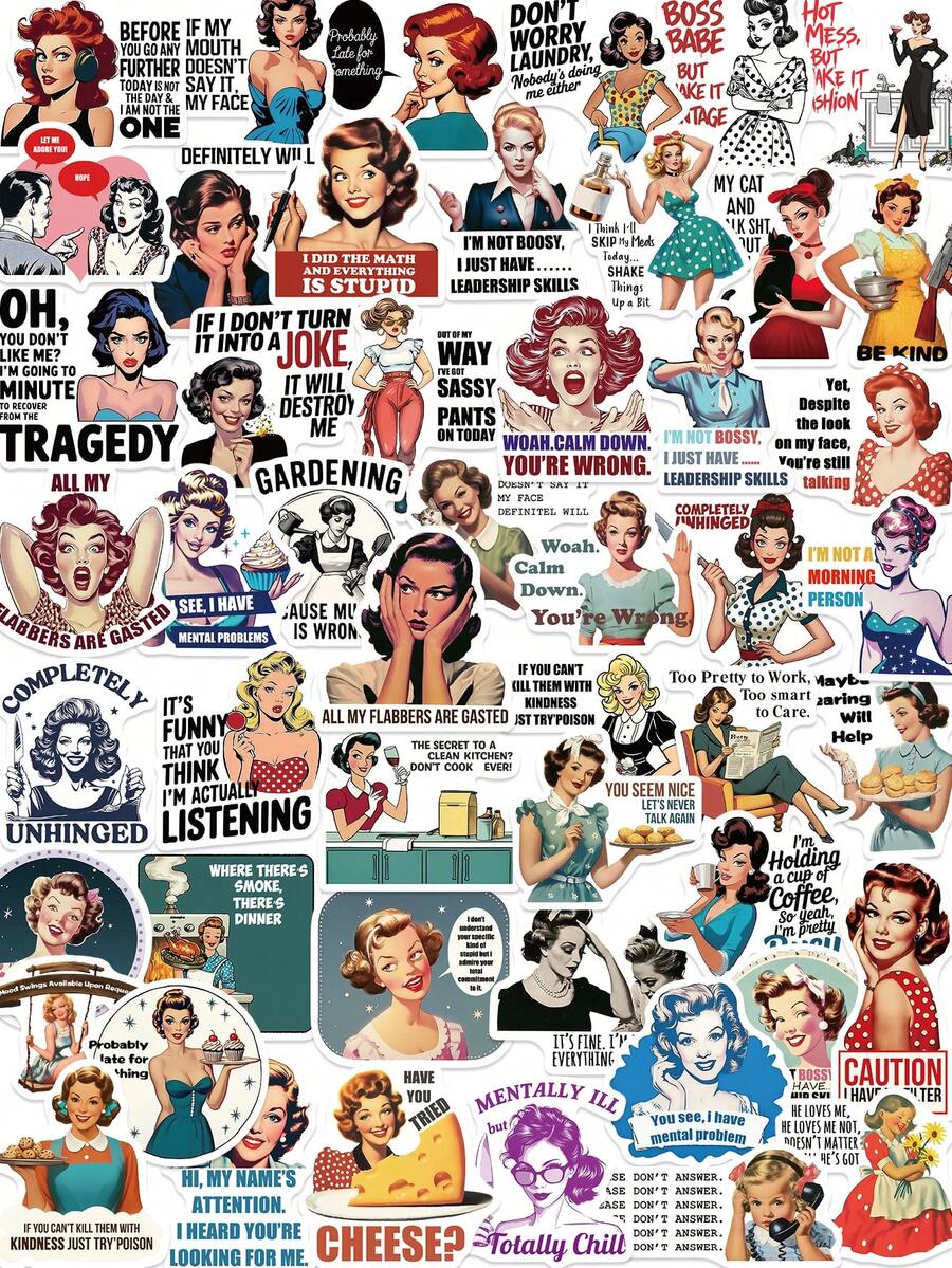 50张女性短语贴纸，PVC防水贴纸，自粘式，适用于学校文具、日记本、剪贴簿、手机、笔记本电脑、保险杠、滑板、水瓶、安全帽、汽车贴纸 - 1 Set - 查看 1