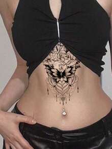 1pc Fashionable Butterfly & Flower Chain Design Creative Temporary Tattoo, Floral Print, Butterfly Pattern Temporary Tattoo Sticker, Unisex Body Art Tattoo, Waterproof & Sweatproof, Suitable For Arms, Hands, Abdomen And Feet - , Easy To Apply And Remove, Lasts 7-14 Days, Beach Party Accessory Sticker DIY Gift - Black - View 3