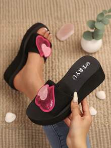 Women's Wedge Thick Bottom Sandals, Black & Rose Pink Color Block, European And American Ins Resort Style, Sequin Heart Wedge Thick Bottom Slip-On Sandals, Non-Slip Increased Height Open Toe Beach Pool Outing Street Daily Casual Versatile Women Slippers,Summer Shoes - Black - View 2