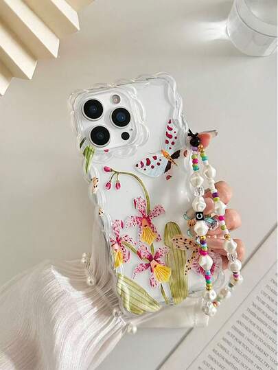 花卉彩绘编织波浪边透明保护壳，适用于 17/17 Pro/17 Pro Max、16/16 Pro/16 Pro Max/16 Plus、14、15、XS、XR、7/8、7P/8P，防震、时尚、可爱设计