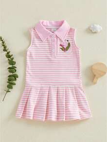 Girls A-Line Dress, Sleeveless Turn-Down Collar Striped Embroidery Tank Dress Summer Dress - Pink - View 1