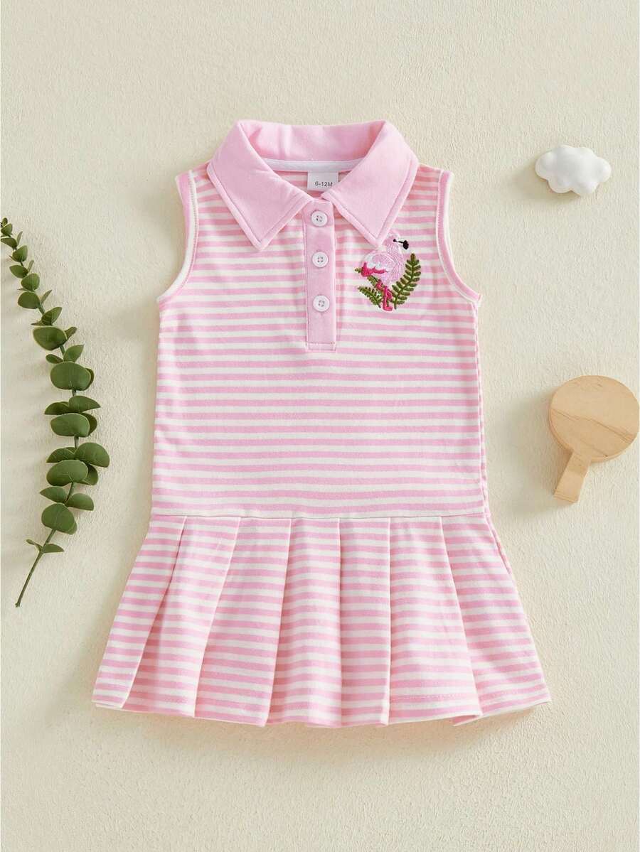 Girls A-Line Dress, Sleeveless Turn-Down Collar Striped Embroidery Tank Dress Summer Dress - Pink - View 1