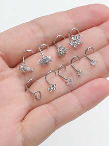 17件套简约炫彩长/短/宽骨形螺丝款不锈钢低敏AAA+立方氧化锆鼻钉（雪花/蝴蝶/心形/花朵造型），适合日常佩戴和派对场合 - 多款式 - 查看 11
