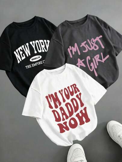 3件装女士夏季新款字母印花圆领短袖T恤，休闲宽松百搭上衣，时尚日常穿着