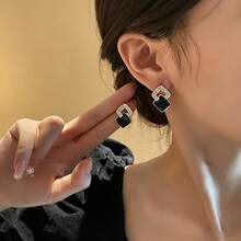 1 Đôi bông tai bạc S925 cao cấp hình vuông màu đen đính đá Cubic Zirconia, món quà trang sức thanh lịch dành cho phái nữ. - Vàng - Xem 3