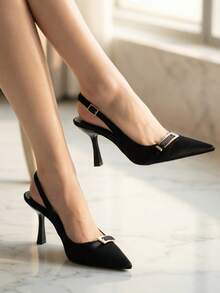 French European And American Pointed Toe Thin Heel Backless Sandals, Metal Buckle Commuter High Heels, New Strap Shoes - Black - View 2