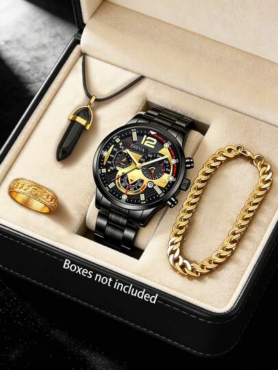 4pcs/Set Men's Sports, Casual, Business Calendar Wrist Watch, Alloy Strap, Round Dial, Black, Fashion Classic Quartz Watch, Suitable For Business Gatherings, Birthday Parties, Daily Wear, Gift For Boyfriend, Father's Day