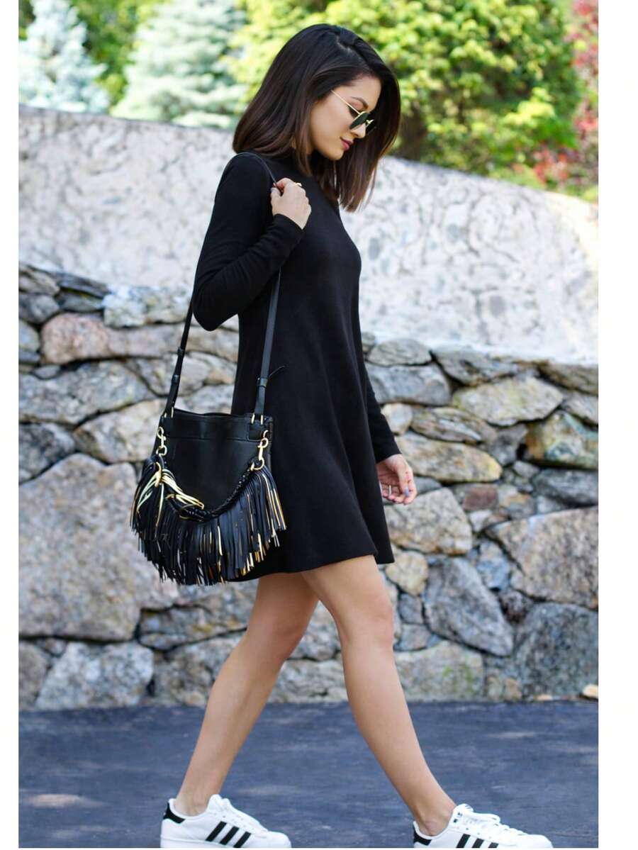 Women's Short Suede Long Sleeve High Neck Dress, Elegant And Comfortable, For Day Or Night. - màu đen - Xem 1