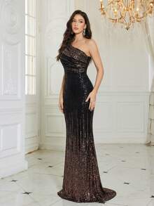 UNITHORSE [Random Cut] Women's Elegant Party Evening Dress With Gradient Sequin Patchwork Asymmetric Neckline - Black - View 2