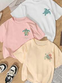 3件装女童海洋海龟字母印花T恤，宽松短袖夏季上衣，适合青少年女孩 - 彩色 - 查看 4