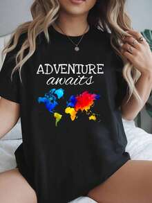 playeras de mujer, Camiseta de viaje Wanderlust Mapa del mundo Regalo para viajeros aventureros T-Map Aventura-Camiseta de regalo para viajeros aventureros - Negro - Ver 6