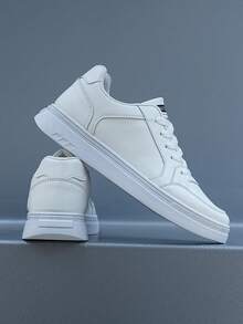 Men's Low-Top Skate Shoes, White Leather Sneakers With Thick Sole, Casual Athletic Shoes For Street Style, Comfortable Walking Gift For Him - 白色 - 查看 3