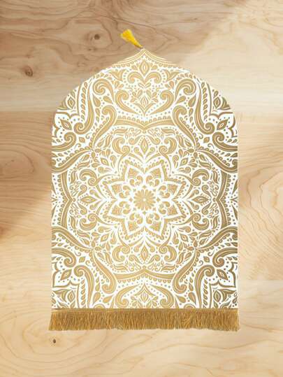 1 pieza Alfombra de oración de mandala de oro blanco, alfombra con diseño, alfombra bohemia, alfombra de diseño intrincado, almohadilla con flecos