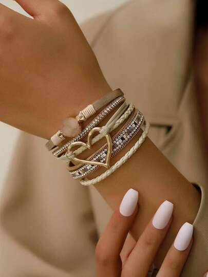 1 pieza Pulsera de estilo bohemio multicapa con decoración de corazón de circonita cúbica de poliuretano PU, regalo para mujeres, Día de San Valentín, Día de la Madre