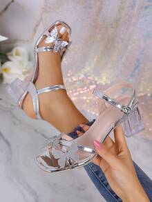 Teenage Girls' Butterfly Decor Transparent High Heel Square Toe Sandals - Silver - View 1