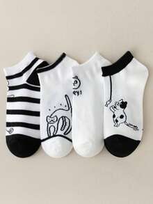 4双随机卡通猫咪图案休闲薄款短袜，女士款，春夏款 - 彩色 - 查看 14