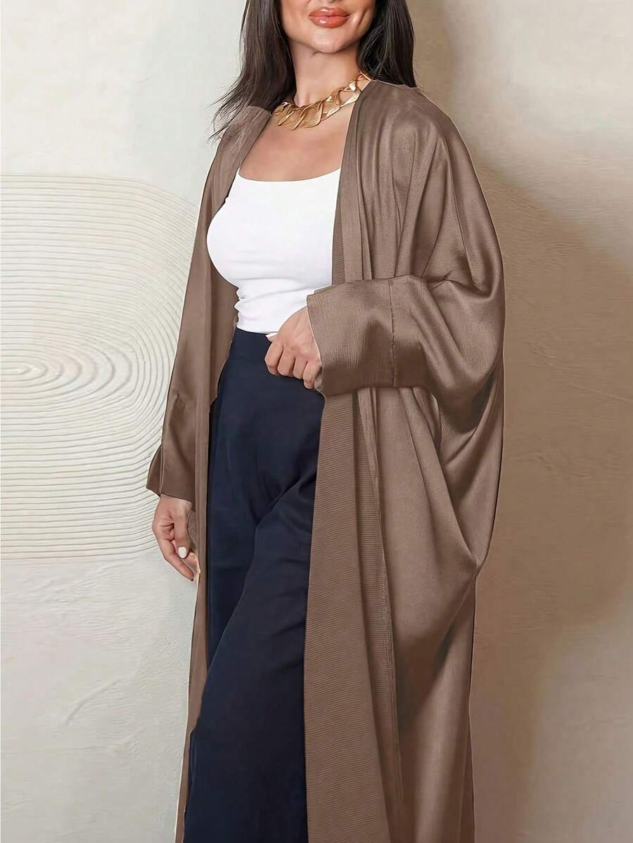 1件時尚極簡純色拼接袖口中東女式開襟長袍洋裝 Abaya - 咖啡棕 - 查看 1