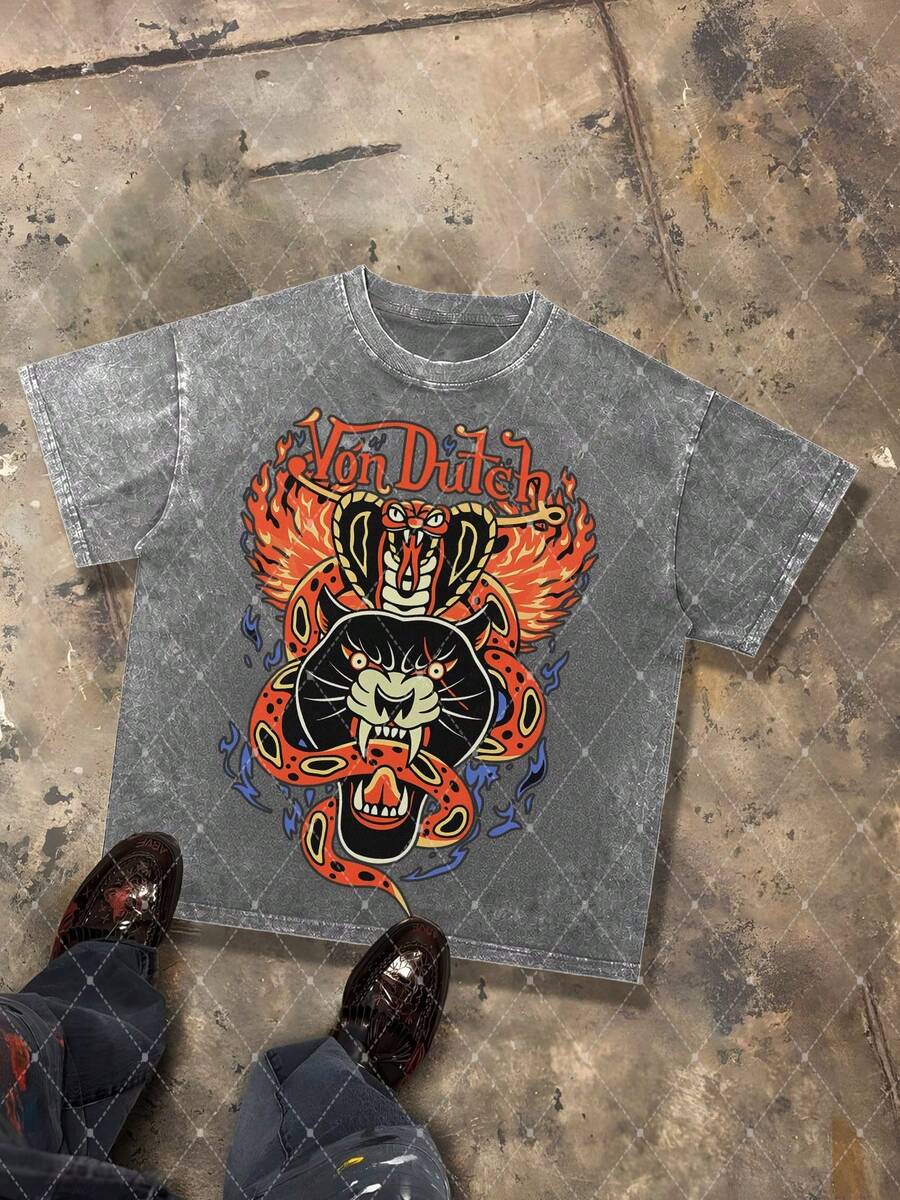 Van Dutch Panther Cobra Flame Graphic Men's 230g Combed Washed Cotton T-Shirt, Street Short-Sleeve Top, Japanese Tattoo Retro Style Apparel, Spring Summer Crew Neck Top, Suitable For Summer Daily Casual Wear - 灰色 - 查看 1