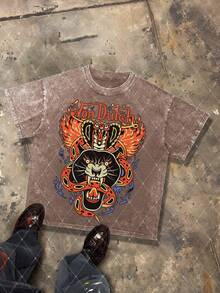 Van Dutch Panther Cobra Flame Graphic Men's 230g Combed Washed Cotton T-Shirt, Street Short-Sleeve Top, Japanese Tattoo Retro Style Apparel, Spring Summer Crew Neck Top, Suitable For Summer Daily Casual Wear - Cà phê nâu - Xem 1