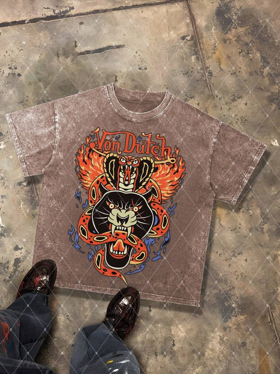 Van Dutch Panther Cobra Flame Graphic Men's 230g Combed Washed Cotton T-Shirt, Street Short-Sleeve Top, Japanese Tattoo Retro Style Apparel, Spring Summer Crew Neck Top, Suitable For Summer Daily Casual Wear - Cà phê nâu - Xem 1