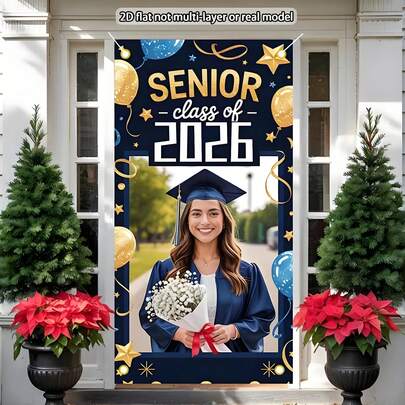 1 cái - Banner tốt nghiệp cá nhân hóa, Banner tốt nghiệp năm 2026, Banner ảnh tốt nghiệp, Ảnh tùy chỉnh, Banner chữ tốt nghiệp, Mẫu trang trí lễ kỷ niệm trang nhã với pháo hoa và các yếu tố vàng, Trang trí tốt nghiệp, Banner tiệc tốt nghiệp, Hoàn toàn phù hợp cho mùa tốt nghiệp, đám cưới, sinh nhật và trang trí hiên nhà, Có sẵn bốn lỗ để luồn dây cho nhu cầu trang trí tiệc của bạn!