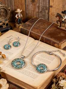 Bộ trang sức 3 món đá quý Mandala xanh cổ điển, gồm vòng cổ, bông tai và vòng tay, thiết kế độc đáo. - Bạc - Xem 4
