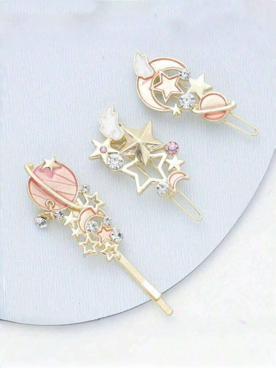 3pcs Cartoon Fantasy Starry Sky Hair Clips, Glittery Starry Wings Hair Clips Bangs Clip, Cute Girl Hair Accessories Claw Clips Hair Claws Hair Barrettes - 粉色 - 查看 1