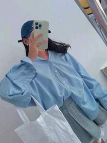 Plus Size Women's Striped Button-Up Shirt, Long Dropped Shoulder Sleeve, Woven Fabric Spring - Blue - View 3