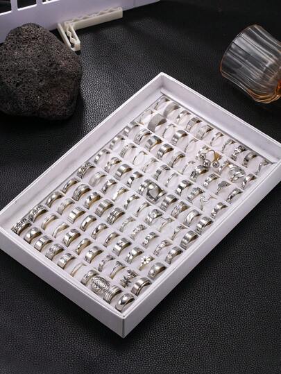 5/10/15/20/40件套银色不锈钢戒指，款式随机，简约男士戒指，闪亮百搭嘻哈戒指，时尚戒指，送给朋友、男友、同学的惊喜礼物，婚礼佳品