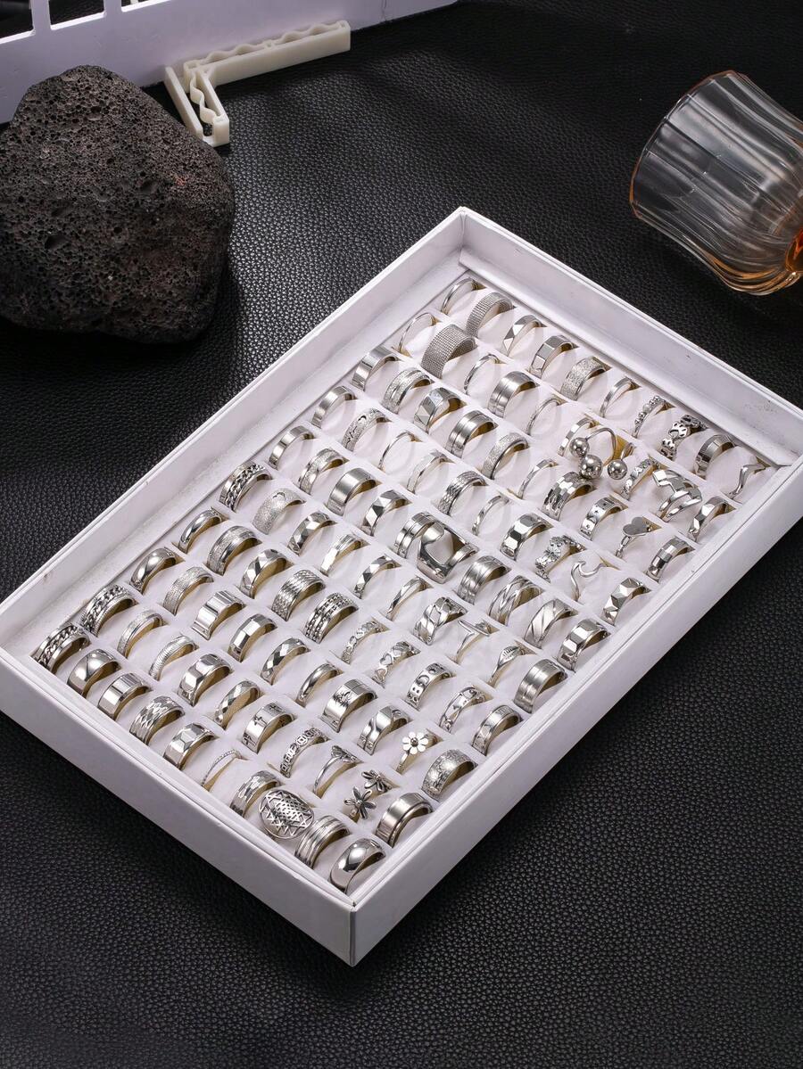 Set de 5/10/15/20/40 anillos de acero inoxidable plateado, estilos aleatorios, anillos minimalistas para hombres, anillos versátiles y brillantes de estilo hip hop, anillos de moda, regalo sorpresa para amigos, novio, compañeros de clase, boda - Plateado - Ver 1