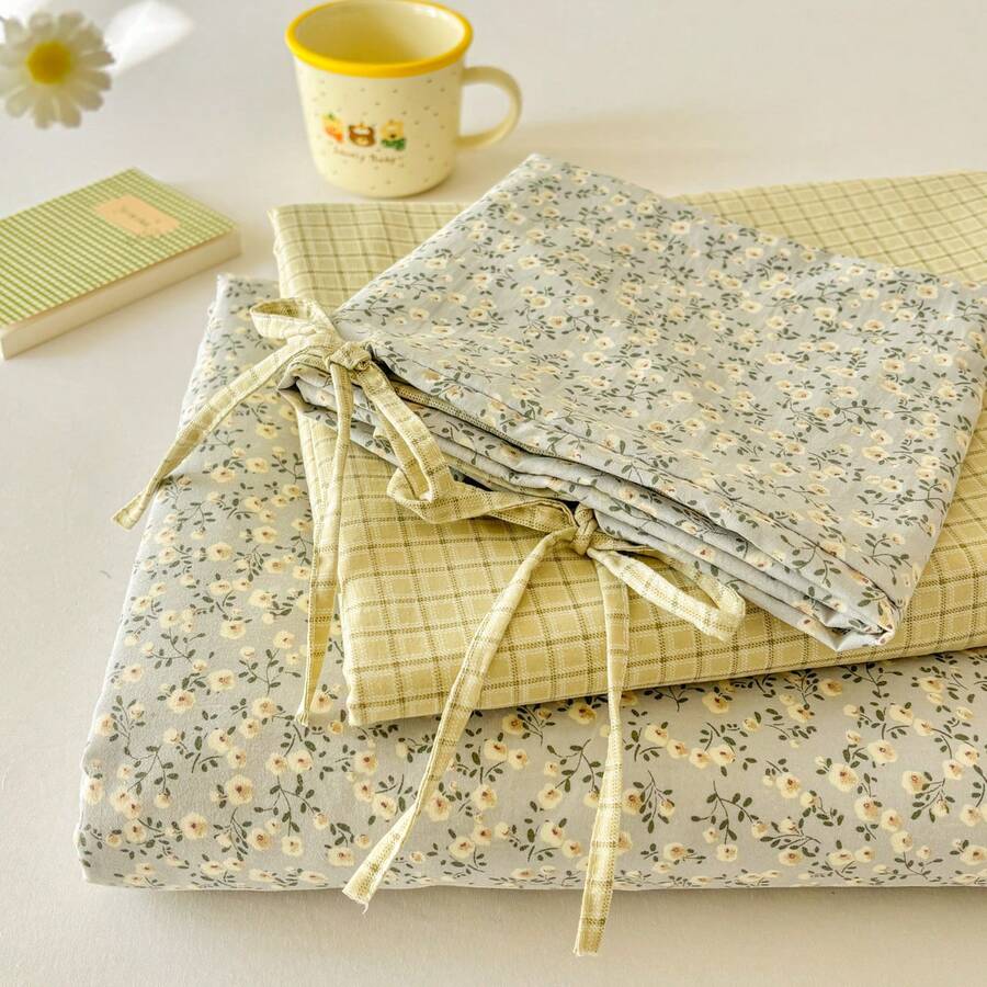 3pcs 100% Polyester 2026 Seri Musim Semi Baru yang Cerah Desain Blok Warna AB Kuning Lemon Hangat Set Sprei Selimut, 2 Sarung Bantal Pita + 1 Sprei Selimut, Cocok untuk Kamar Tidur Sepanjang Musim