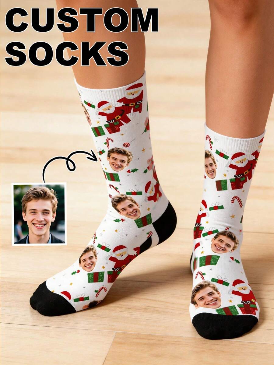 1 Paar unisex individuelle Weihnachts-Socken (Weihnachtsmann, Geschenk, Zuckerstange), weiche Strickware in Schwarz & Weiß, bequem & festlich, geeignet für Weihnachten und Geschenkanlässe - Verschiedenfarbig - Übersicht 1