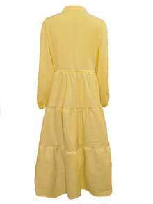 女士优雅纯色纽扣腰带系结休闲连衣裙，适合生日派对、正式晚宴、约会等场合，灯笼袖下摆拼接设计，秋冬季节适用。 - 黃色 - 查看 11