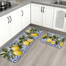1pc/2pcs/3pcs Non-Slip Kitchen Floor Mat With In Vintage Lemon Floral Print, 0.47" Cushioned Anti-Fatigue, Soft Flannel Surface With Oil Proof And Stain Resistant,For Home Kitchen,Bathroom,Living Room,Bedroom Indoor Decor USE,Machine Washable - 彩色 - 查看 3