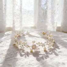 1pc Handmade Golden Pearl Flower Headband, Bridal Wedding Party Hair Accessory - Gold - View 3