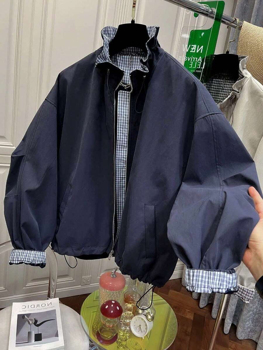 2025 Autumn New Women Drawstring Stand Collar Short Jacket, Loose Casual Plaid Korean Style Utility Windbreaker Spring - Navy Blue - View 1